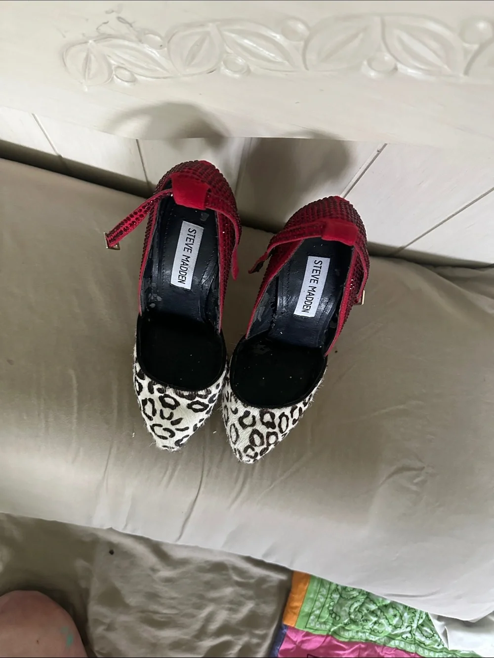 Steve Madden Red Rhinestone Ankle-Strap Pumps with Leopard-Print Toe
